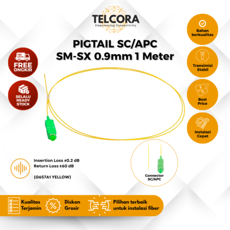 TELCORA Fiber Pigtail SC/APC 0.9mm SM-SX 1 Meter G657A1 Yellow Kabel FO Pigtail SC APC 1M (Per Pcs)
