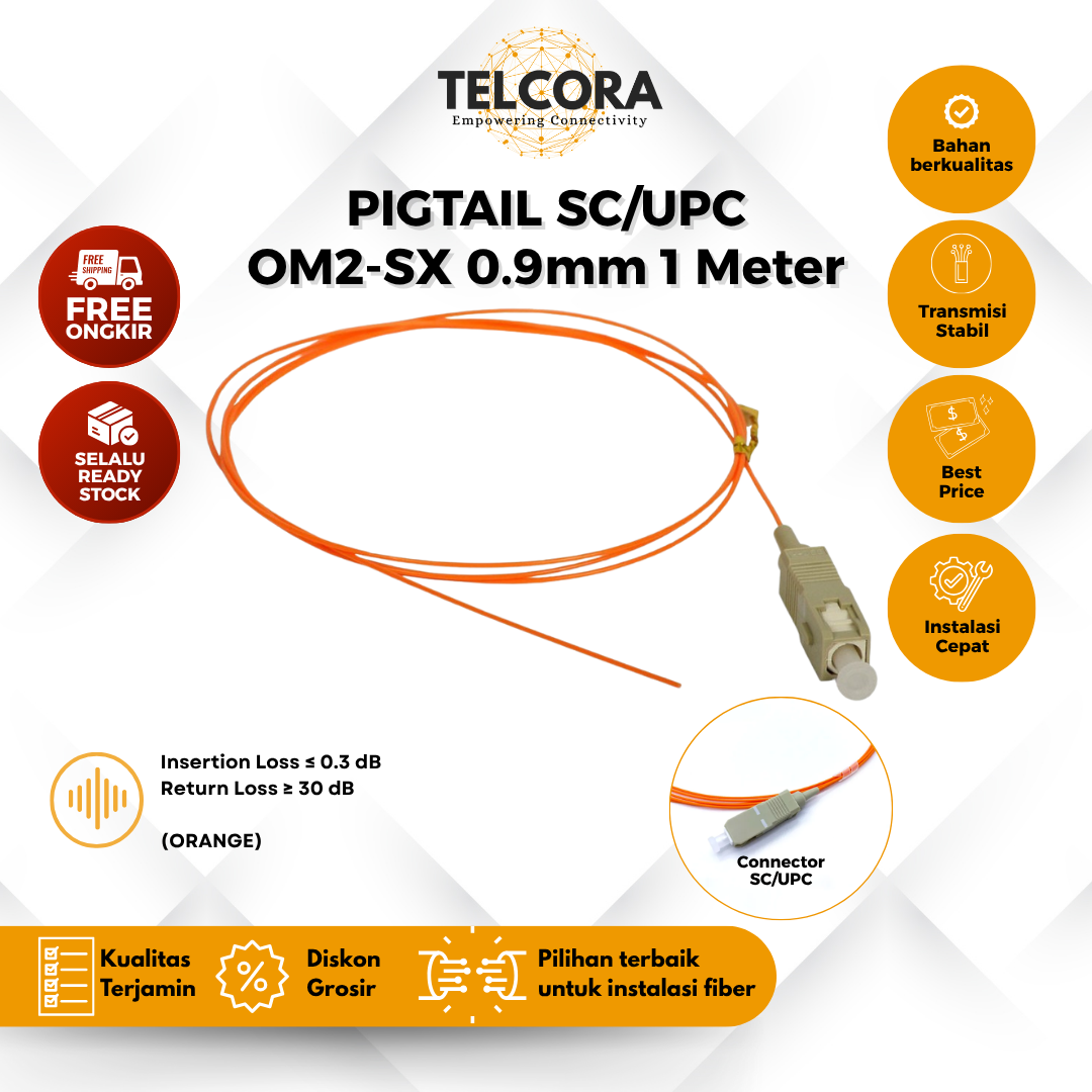 TELCORA Fiber Pigtail SC/UPC 0.9mm OM2-SX 1 Meter G657A1 Orange Kabel FO Pigtail SC UPC 1M (Per Pcs)
