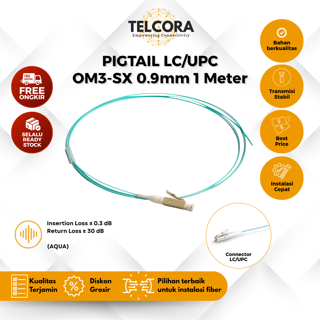 TELCORA Fiber Pigtail LC/UPC 0.9mm OM3-SX 1 Meter G657A1 AQUA Kabel FO Pigtail LC UPC 1M (Per Pcs)
