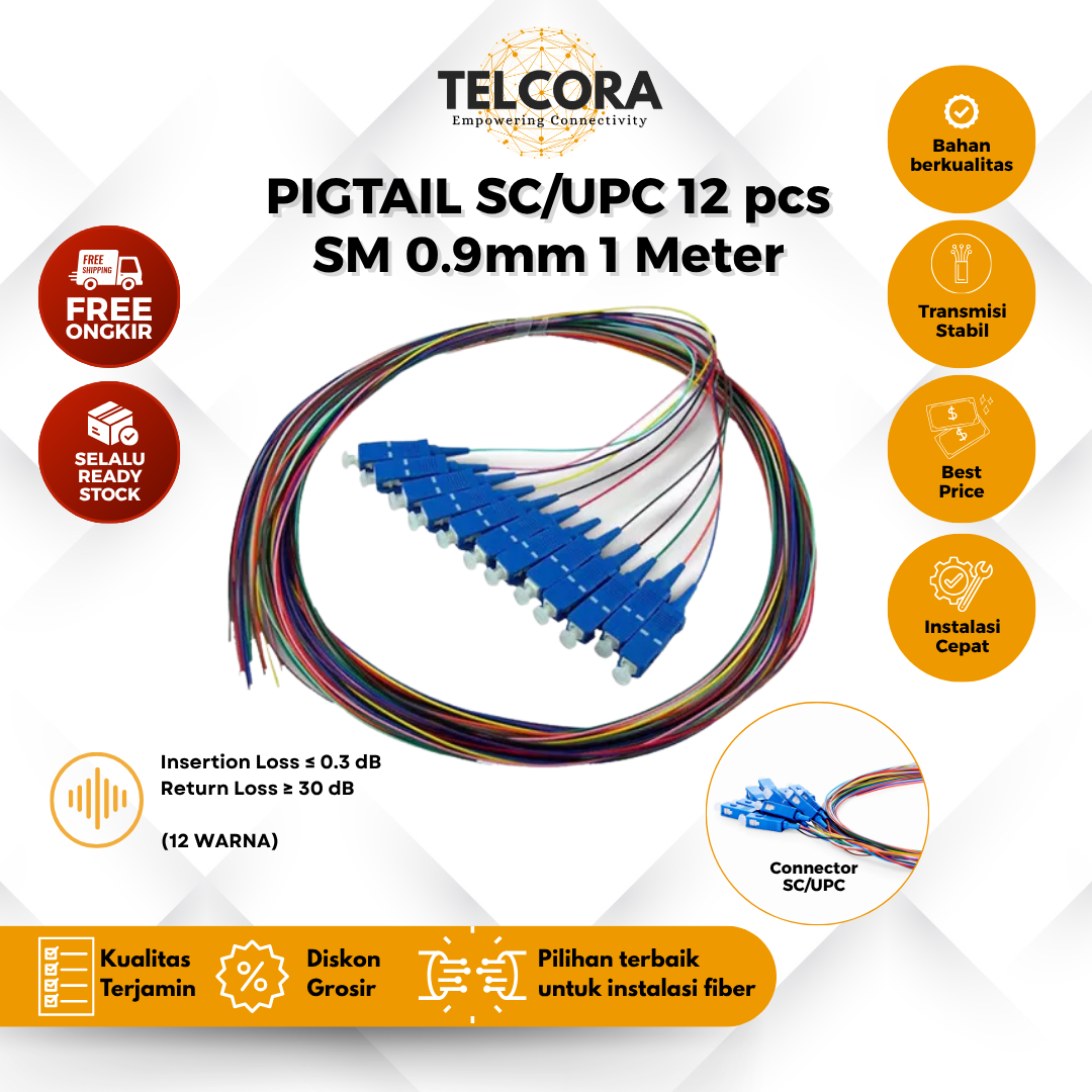 TELCORA Fiber Pigtail SC/UPC SM 0.9mm 1 Meter Rainbow Kabel FO Pigtail SC UPC 1M (12 Pcs)