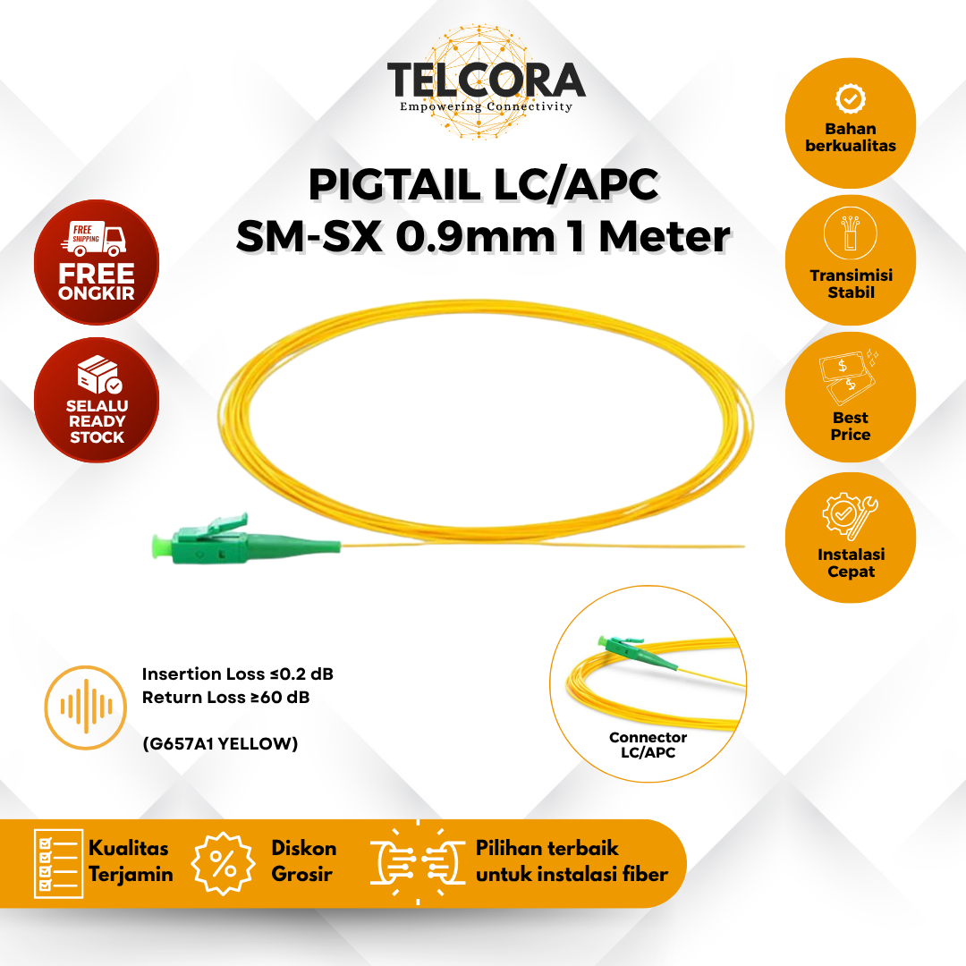 TELCORA Fiber Pigtail LC/APC 0.9mm SM-SX 1 Meter G657A1 Yellow Kabel FO Pigtail LC APC 1M (Per Pcs)