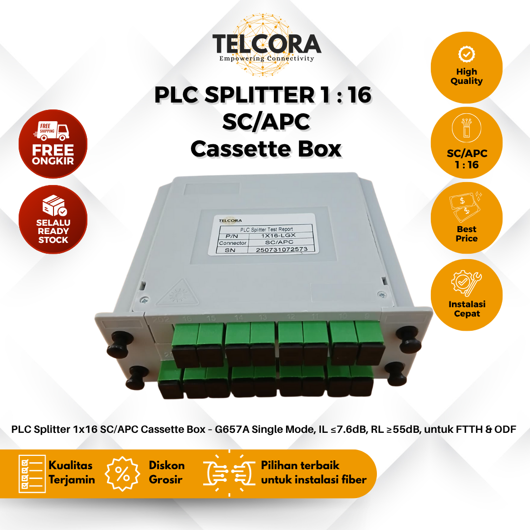 TELCORA Fiber Optic Passive Splitter PLC 1:16 SC/APC Cassette Box FTTH