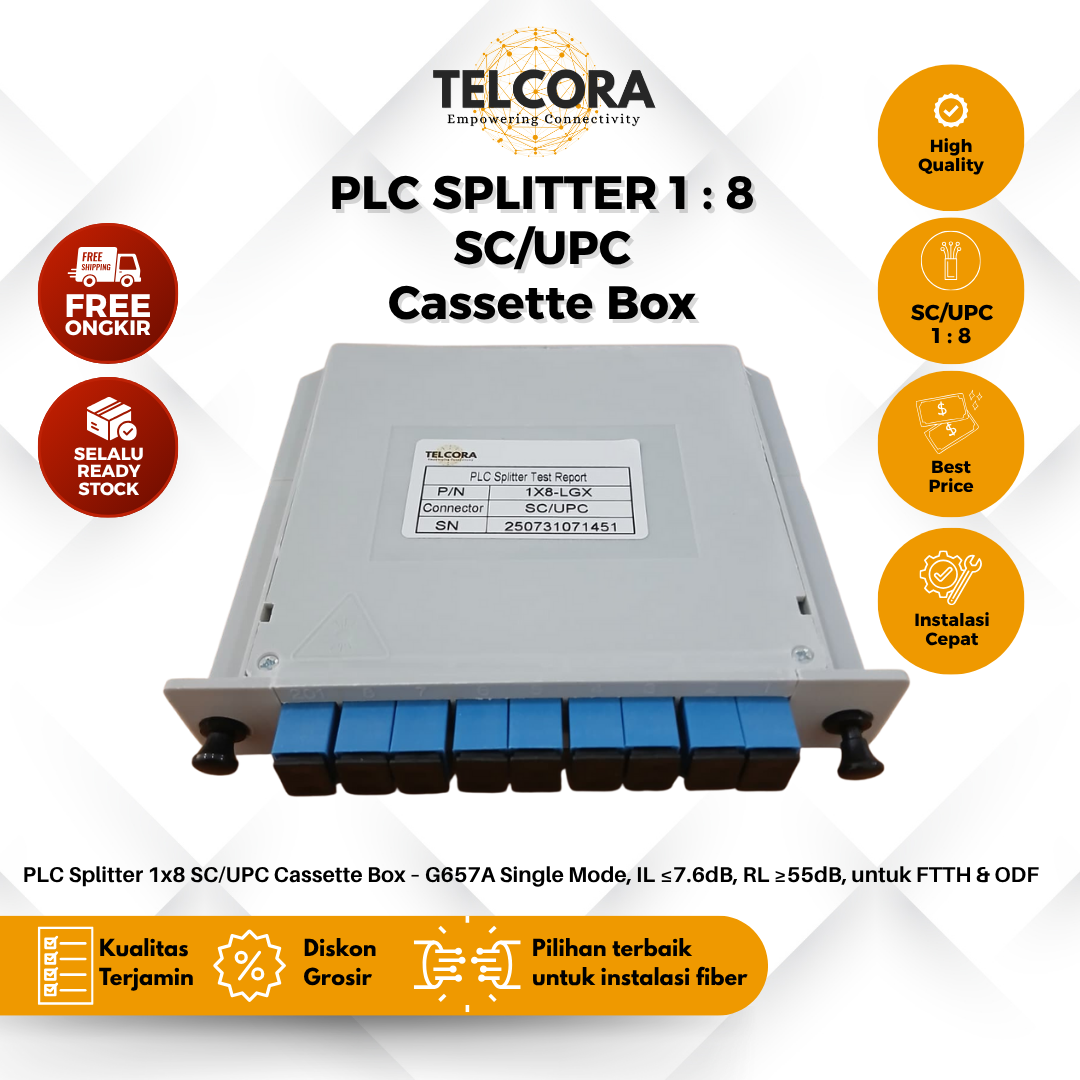 TELCORA Fiber Optic Passive Splitter PLC 1:8 SC/UPC Cassette Box FTTH