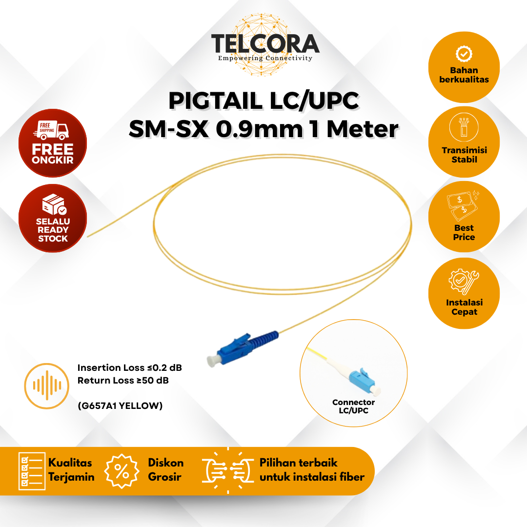 TELCORA Fiber Pigtail LC/UPC 0.9mm SM-SX 1 Meter G657A1 Yellow Kabel FO Pigtail LC UPC 1M (Per Pcs)