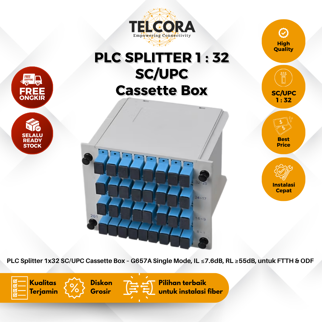 TELCORA Fiber Optic Passive Splitter PLC 1:32 SC/UPC Cassette Box FTTH