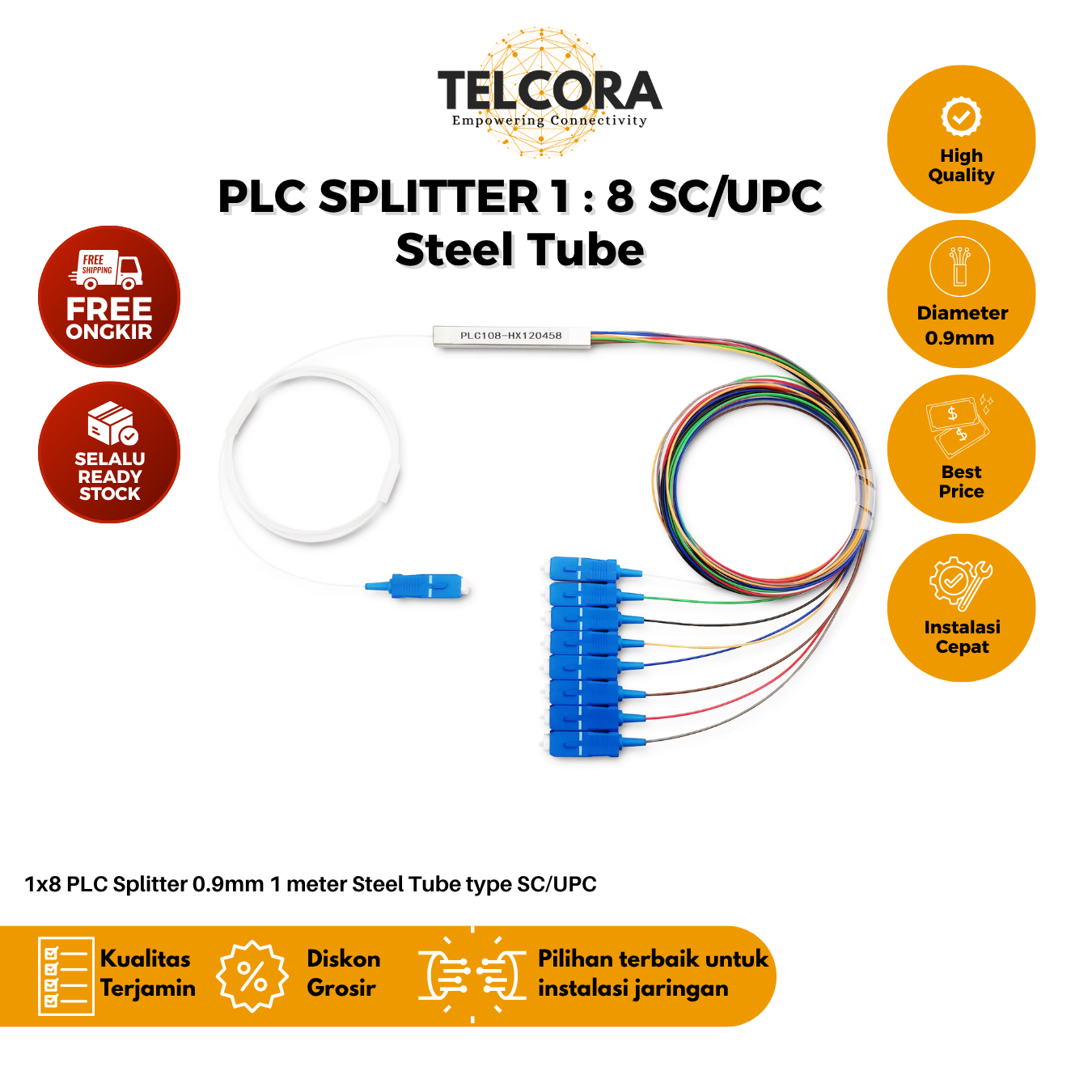 TELCORA Fiber Optic PLC Splitte 1X8 Steel Tube SC/UPC 1:8 SM Singlemode 0.9mm 1 Meter FTTH G657A1