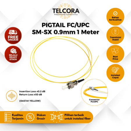 TELCORA Fiber Pigtail FC/UPC 0.9mm SM-SX 1 Meter G657A1 Yellow Kabel FO Pigtail FC UPC 1M (Per Pcs)