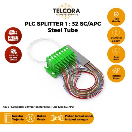 TELCORA Fiber Optic PLC Splitter 1X32 Steel Tube SC/APC 1:32 SM Singlemode 0.9mm 1 Meter G657A1 FTTH