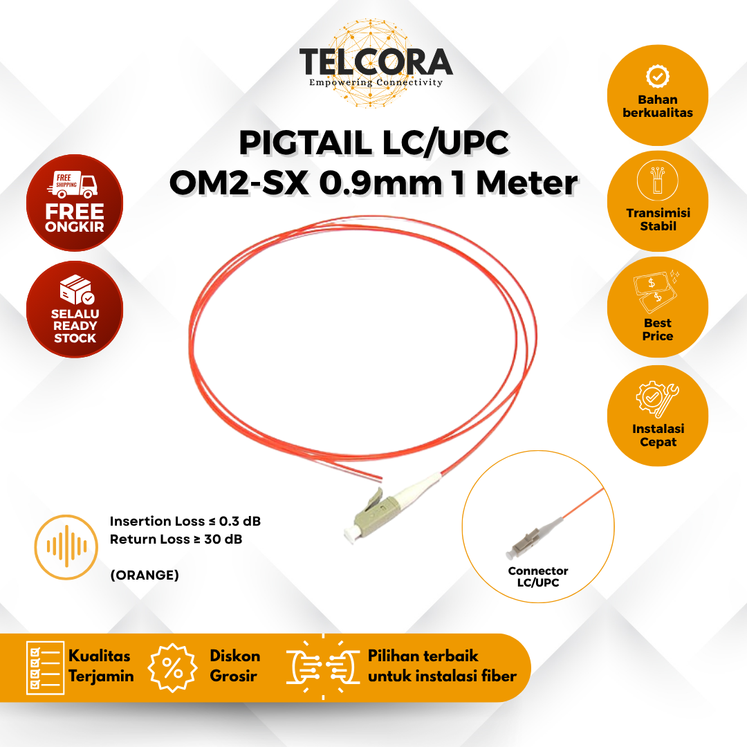TELCORA Fiber Pigtail LC/UPC 0.9mm OM2-SX 1 Meter G657A1 Orange Kabel FO Pigtail LC UPC 1M (Per Pcs)