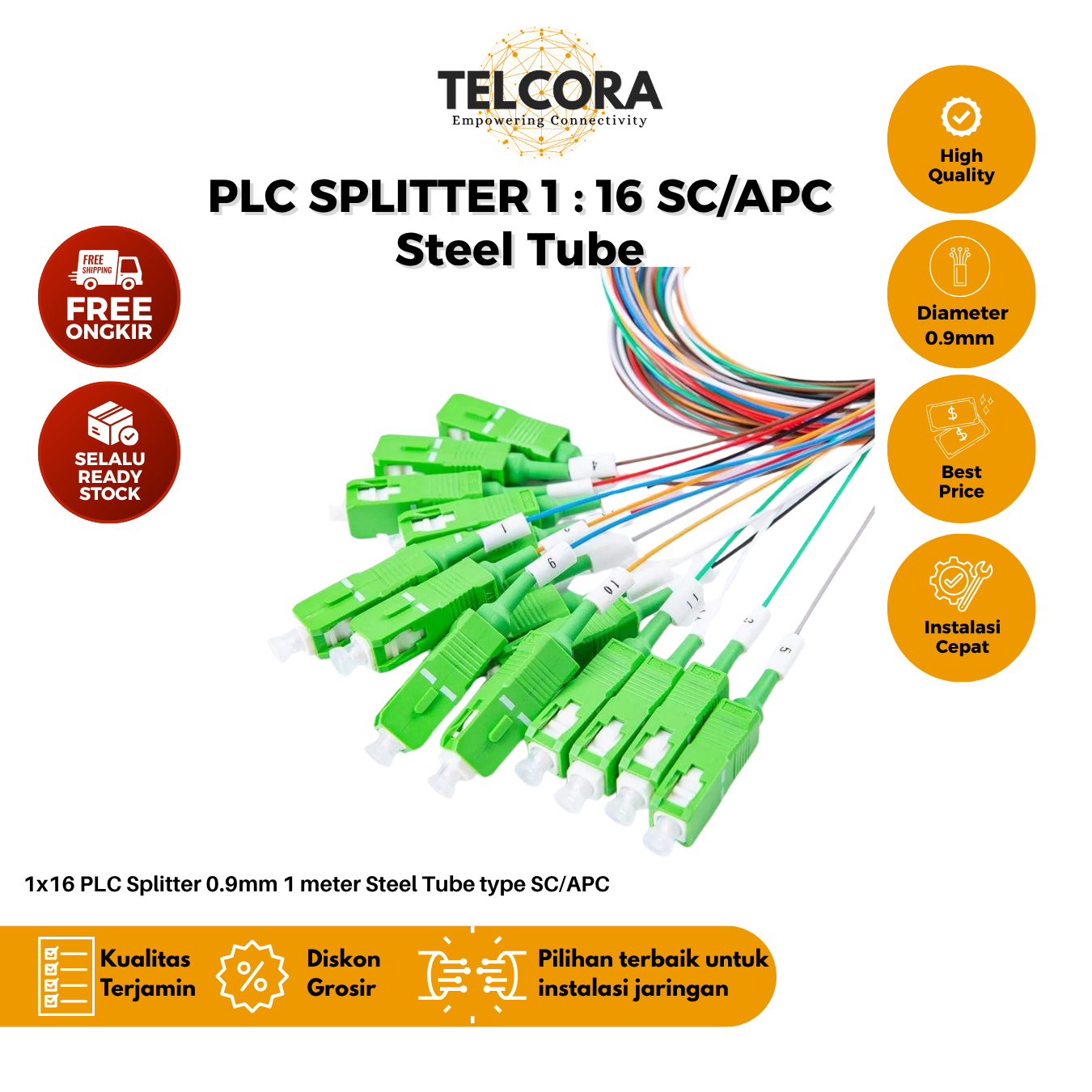 TELCORA Fiber Optic PLC Splitter 1X16 Steel Tube SC/APC 1 : 16 SM Singlemode 0.9mm 1 Meter - FTTH - Image 4
