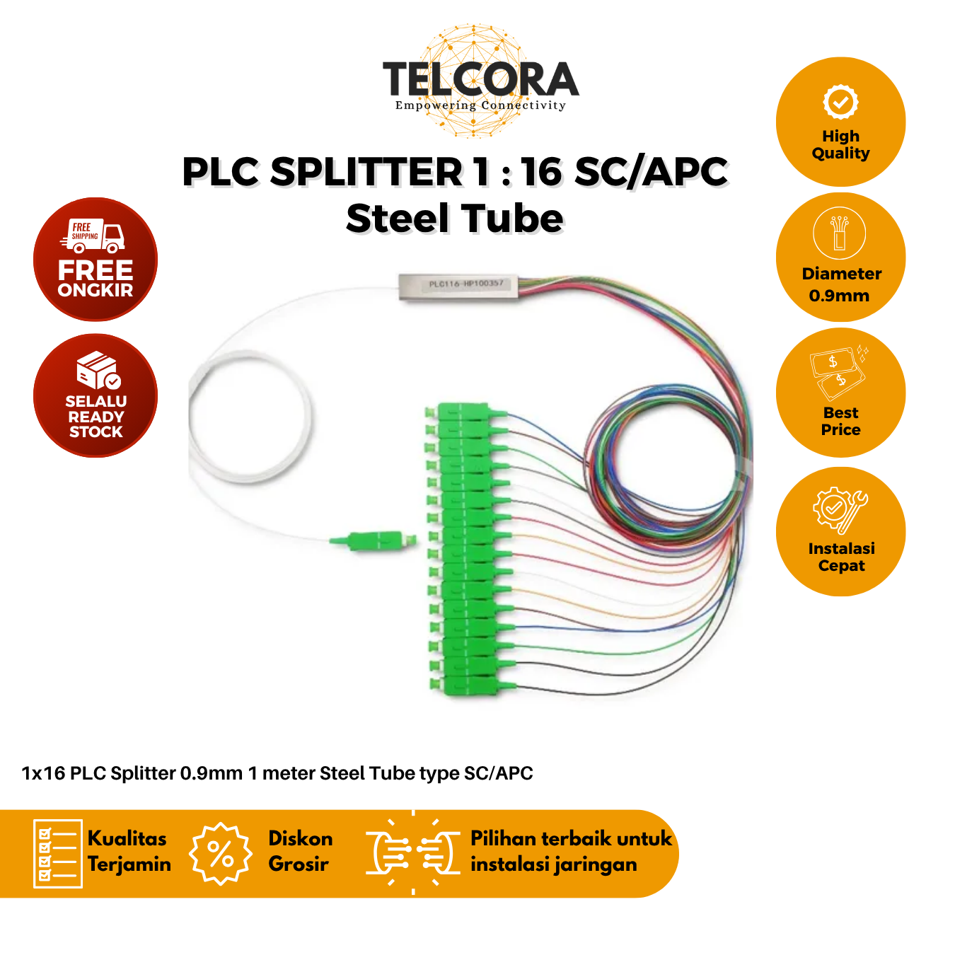 TELCORA Fiber Optic PLC Splitter 1X16 Steel Tube SC/APC 1 : 16 SM Singlemode 0.9mm 1 Meter - FTTH - Image 3
