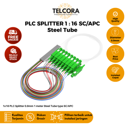 TELCORA Fiber Optic PLC Splitter 1X16 Steel Tube SC/APC 1 : 16 SM Singlemode 0.9mm 1 Meter - FTTH
