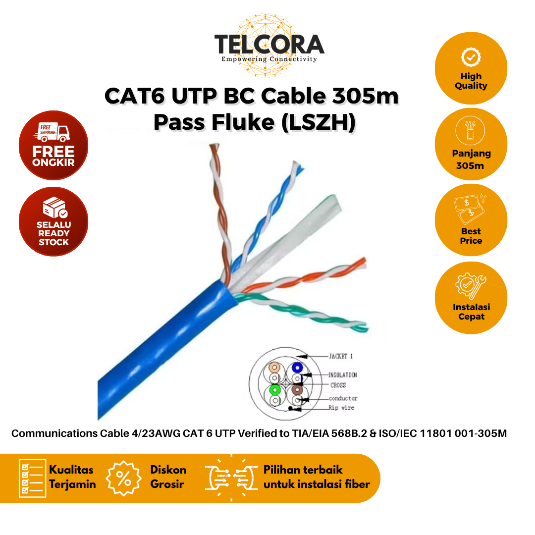 TELCORA CAT6 UTP BC Cable 305 Meter LSZH Pass Fluke – Kabel LAN Ethernet Network Bare Copper