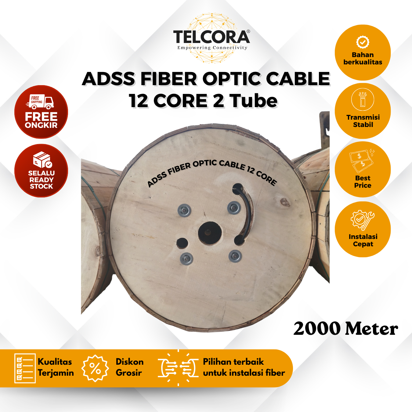 TELCORA Kabel Fiber Optik FO ADSS 12 Core Panjang 2KM 2000 Meter